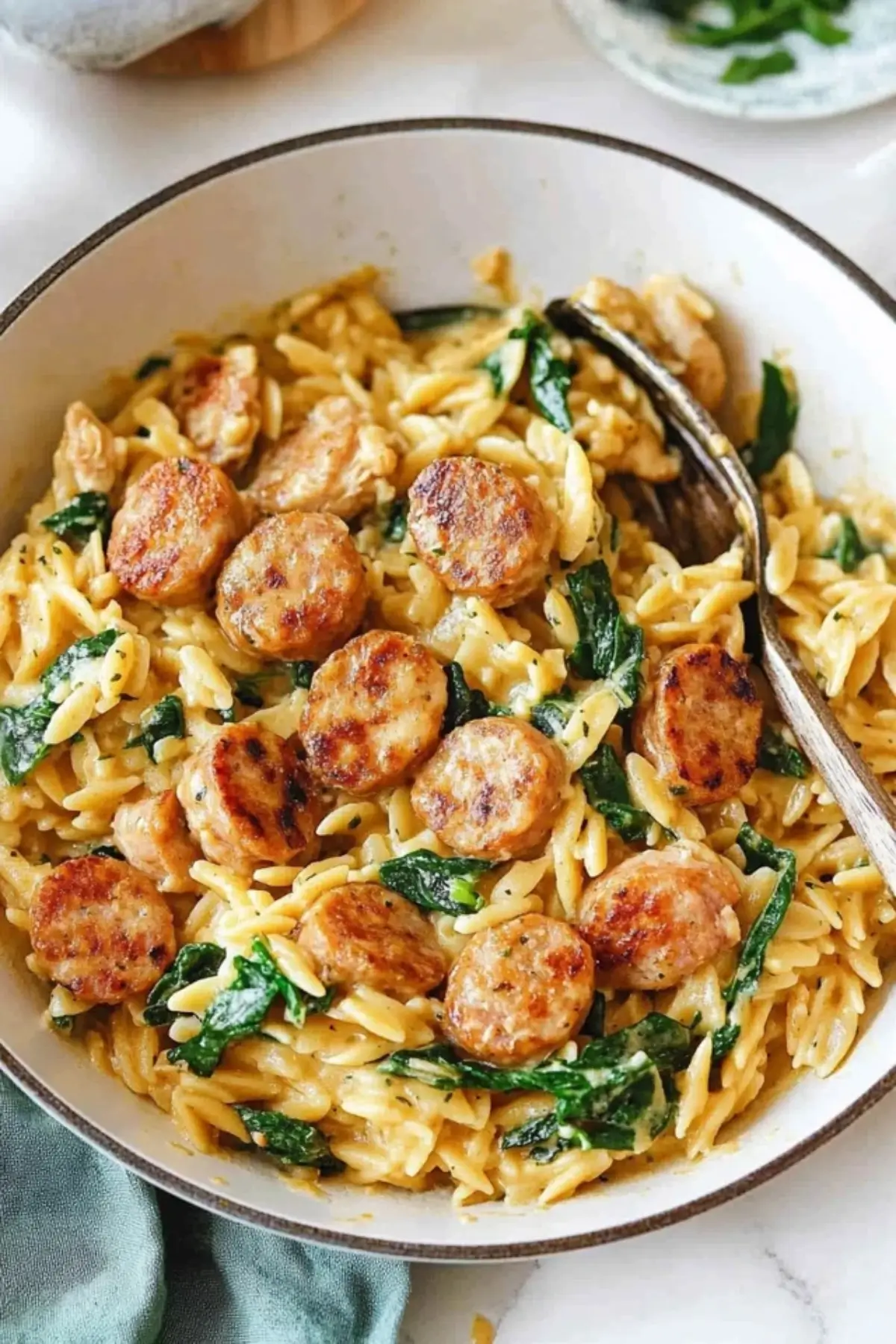 Creamy Chicken Sausage Orzo Skillet