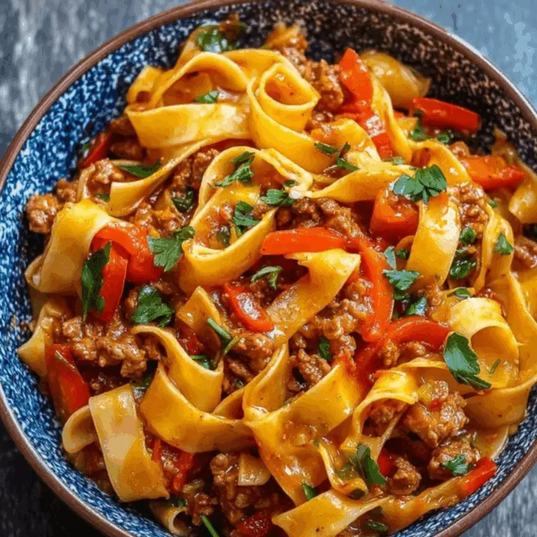Italian Drunken Noodles with sausage, bell peppers, and a rich white wine sauce