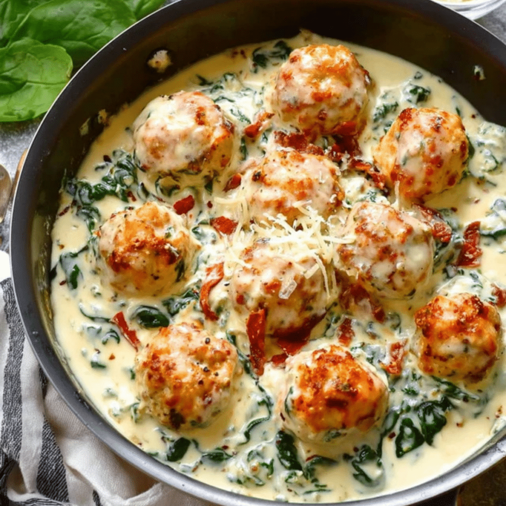 Baked Chicken Ricotta Meatballs with Spinach Alfredo Sauce