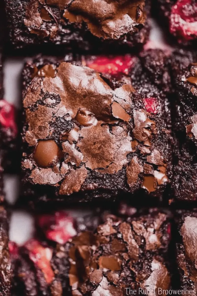 Decadent chocolate rhubarb brownies served on a plate with powdered sugar, decorated with fresh rhubarb and chocolate chips.