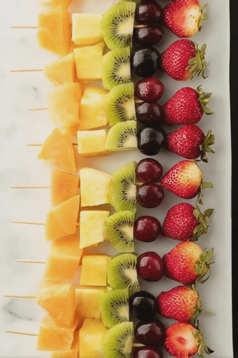 Colorful fruit kabobs made with strawberries, pineapple, kiwi, cantaloupe, grapes, and blackberries served on a white platter.