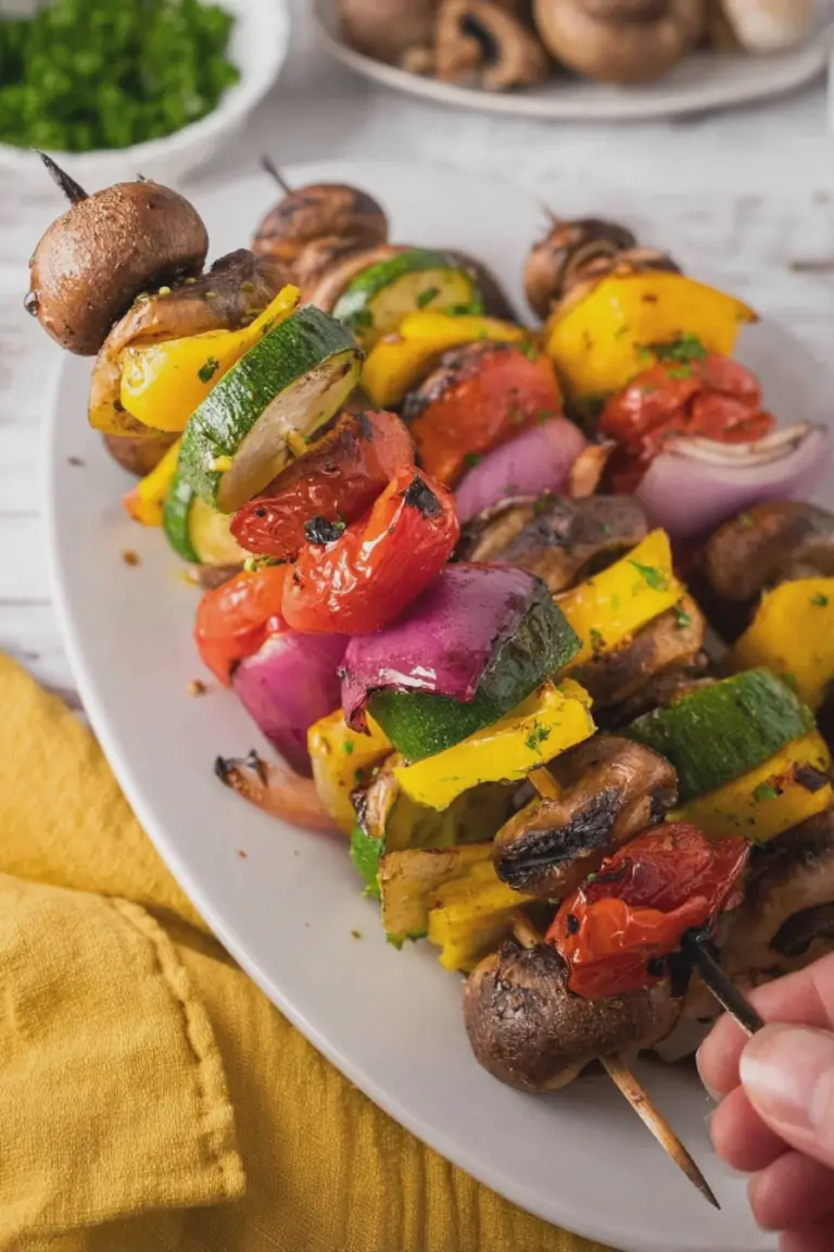Delicious grilled vegetable kabobs on a wooden platter with vibrant colors and fresh herbs.