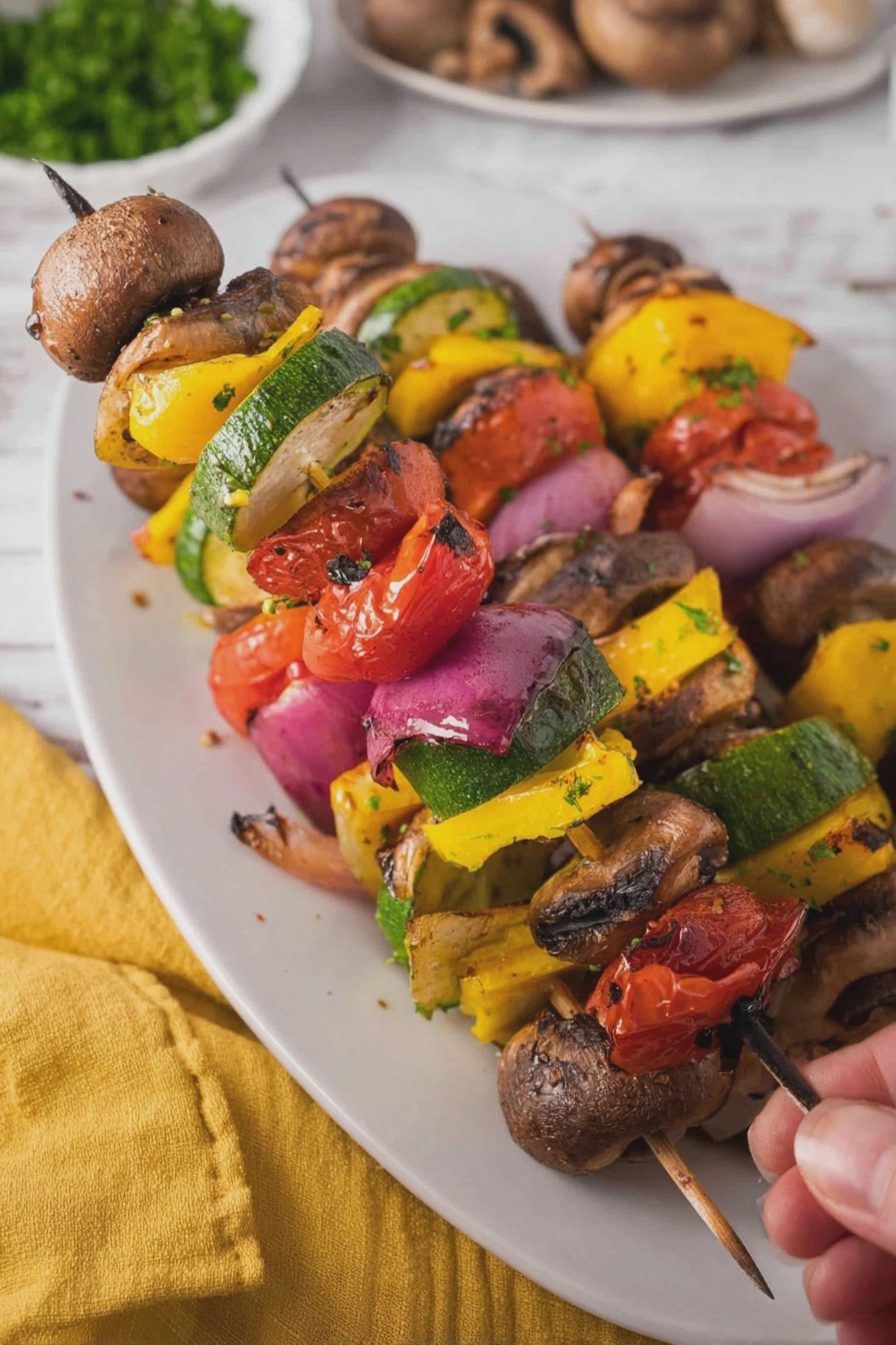 Delicious grilled vegetable kabobs on a wooden platter with vibrant colors and fresh herbs.