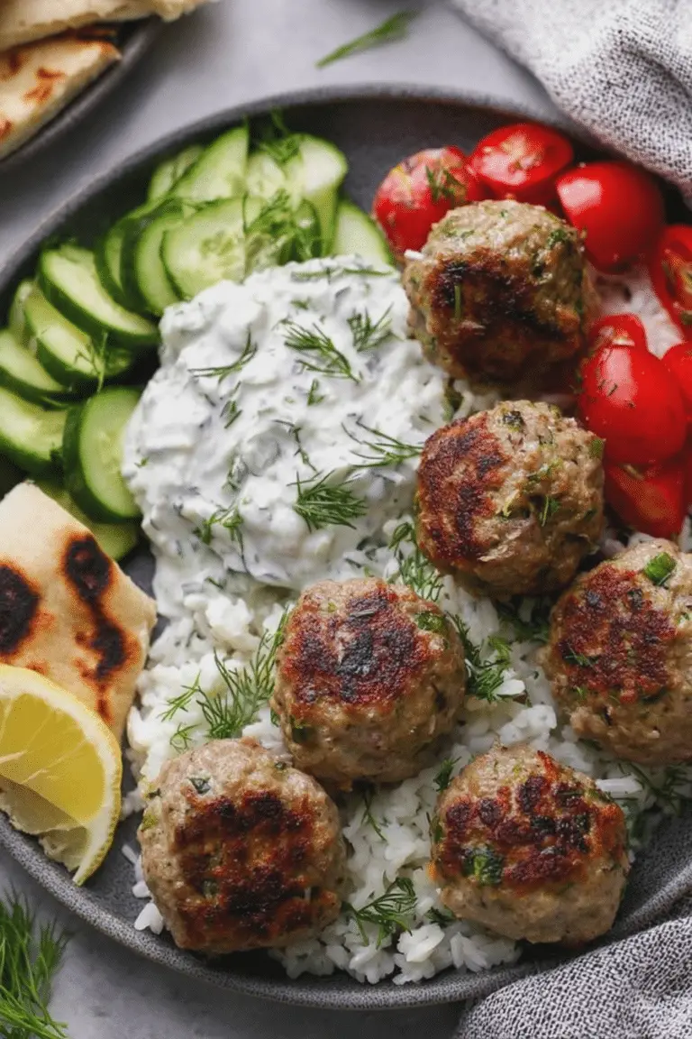 Delicious Greek turkey meatballs with tzatziki sauce on a platter, garnished with herbs and lemon slices.
