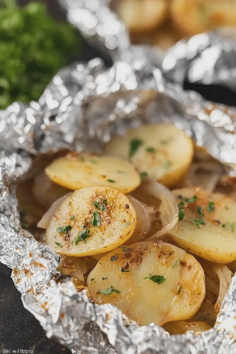 Close-up of grilled potatoes in foil packets on a barbecue grill with herbs.