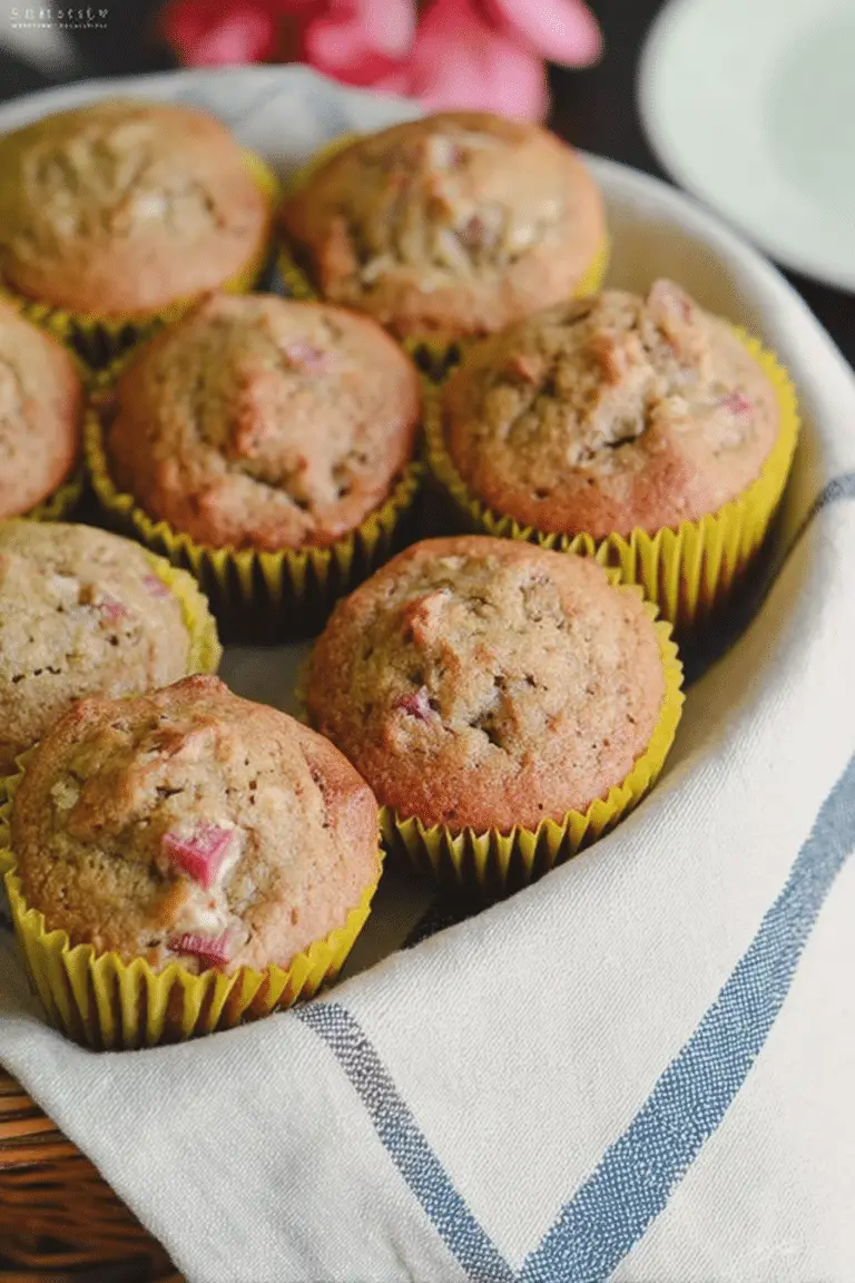 Freshly baked rhubarb banana muffins on a wooden table, with broken muffins, fresh rhubarb, and bananas nearby.