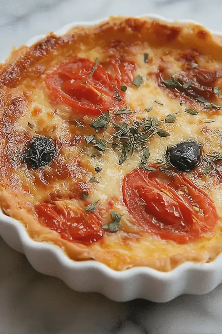 Slice of Tasty James Beard's Tomato Pie garnished with fresh basil on a wooden table.