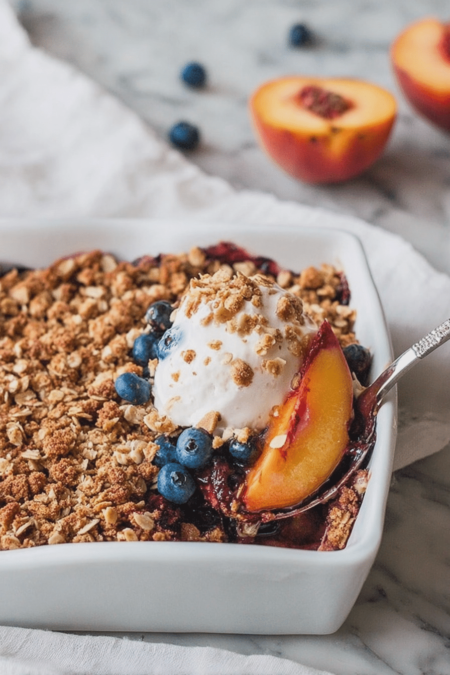 Vegan nectarine blueberry crisp topped with blueberries and mint in a baking dish.